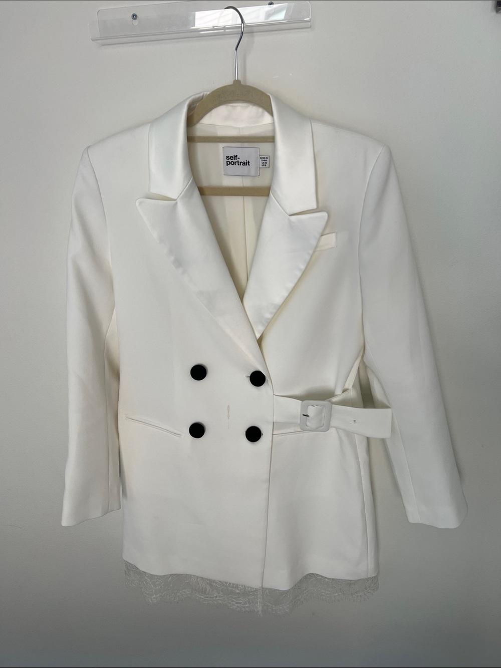 Self-Portrait White Double-Breasted Blazer with Side Belt